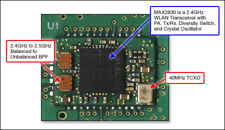 圖1. 參考設(shè)計電路板顯示了802.11b/g RF前端模塊中的MAX2830