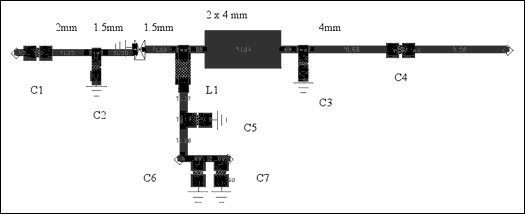 圖4. 2mm x 4mm短截線的布線圖(0.4mm引線電阻為50Ω，微帶線的長度標在圖上)