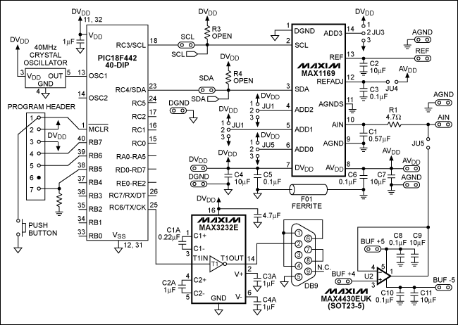 Figure 2. The  I2C peripheral  internal to this PIC18F442 μC connects to a 16-bit ADC (MAX1169).