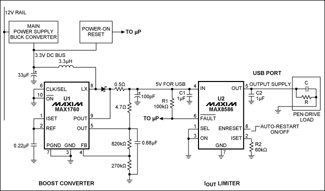 圖1。同時為5V的USB端口，該電路也限制在插入時刻峰值浪涌電流（在USB接口），并限制在500mA的工作電流所需要的端口。