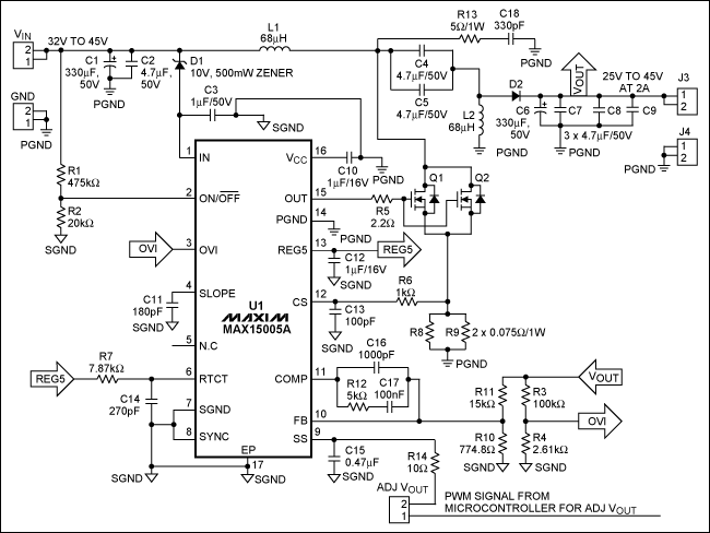 Figure 1. Schematic of the MAX15005A SEPIC converter for FSW = 400kHz.