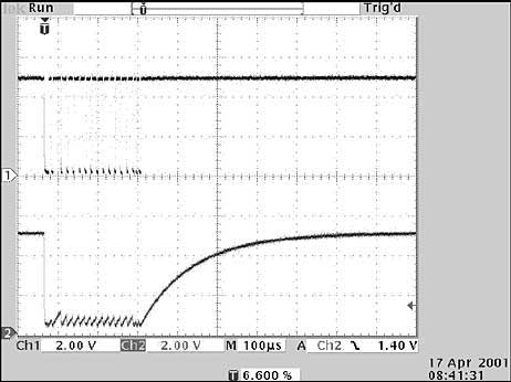 Figure 3. This scope display from Figure 1 shows how the presence of SCK pulses (top trace) generates a active-low CS signal (lower trace).