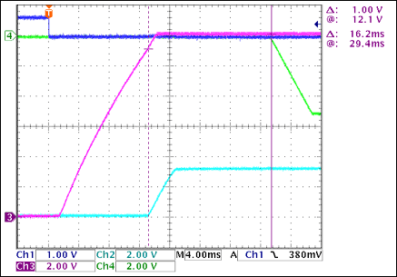 圖3. +3.3V至-5V接通延時，沒有負載Ch1 = Q8BASE, Ch2 = +3.3VOUT, Ch3 = +12VOUT, Ch4 = -5VOUT注釋：+3.3VOUT和-5VOUT之間有16.2ms延時。