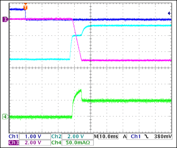 圖10. -5V接通波形，100Ω阻性負載 = 50mA Ch1 = Q8BASE, Ch2 = -5VGATE, Ch3 = -5VOUT, Ch4 = IIN(-5V) 注釋：-5V擺率大約為1V/ms。