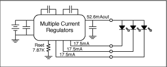 圖4. 白色LED通常有四種不同的驅動電路：(a) 電壓源與鎮流電阻，(b) 電流源與鎮流電阻，(c) 多路電流源，(d) 一路電流源驅動串聯LED。