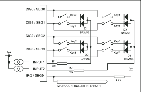 圖1. MAX6959 LED顯示驅動器的標準8鍵連接