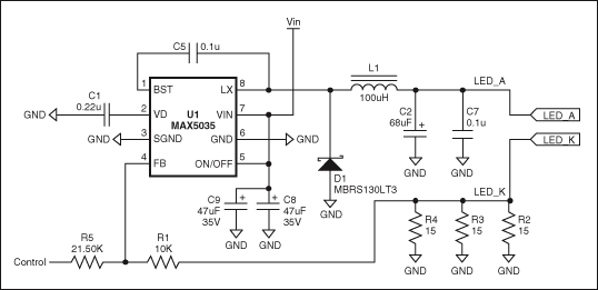 圖1. 通過調(diào)節(jié)控制電壓(0V至3.9V)，MAX5035 LED電流驅(qū)動器能夠在LED_A和LED_K端產(chǎn)生近似350mA至0mA的輸出電流。