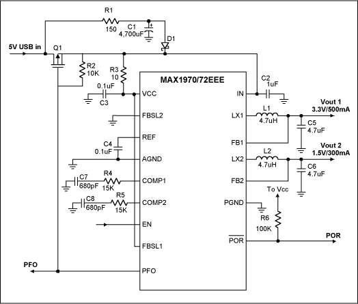 Figure 1. Typical application circuit for 5V USB dying gasp application.