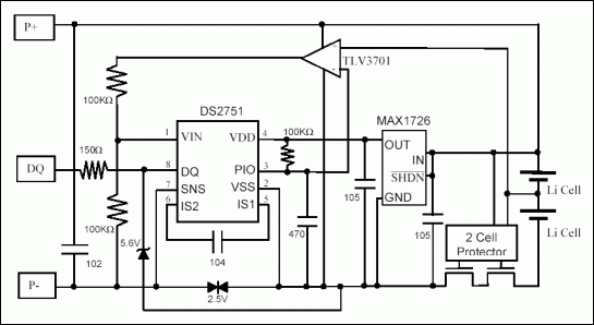 Figure 1. DS2751 in a 2-cell Li+/Polymer battery pack.