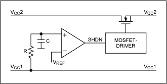 Figure 2. Power sequencing via RC , comparator, and MOSFET-driver.