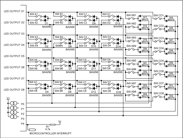 圖2. MAX6954/MAX6955擴展后的48鍵連接