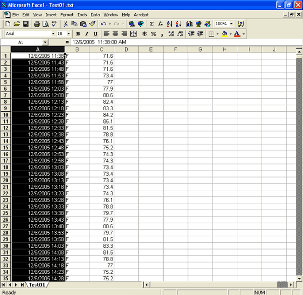 圖7. 一旦數據已導入Excel，則列A將顯示下載數據時的日期和時間。