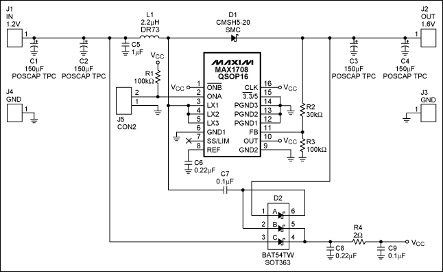 Figure 1. This circuit features the MAX1708 DC-DC converter, and boosts 1.2V to 1.6V with > 78% efficiency.