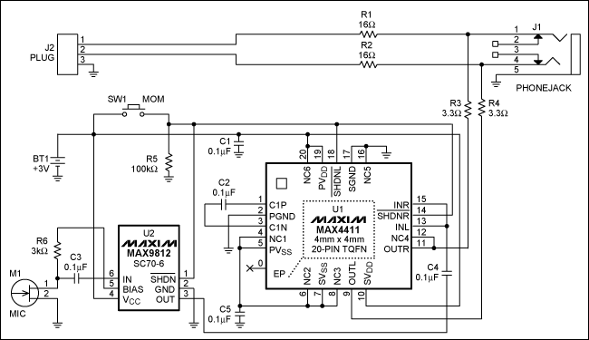 圖1. 該耳機(jī)衰減器/放大器具有麥克風(fēng)監(jiān)測(cè)功能，能夠在戴耳機(jī)的時(shí)候方便對(duì)話(huà)。