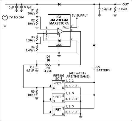 圖1. IC1 MAX931比較器用于監(jiān)測主電源電壓。當(dāng)主電源電壓下降到7.4V以下時(shí)，它可以通過將電池負(fù)端接地接通備用電池。