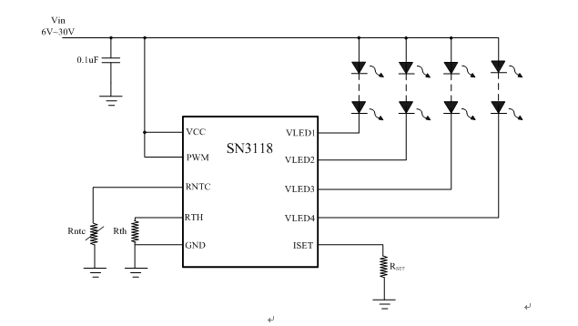 圖6 SN3118驅動LED典型應用圖