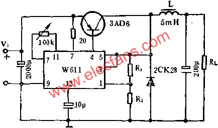 W611組成自激式開關(guān)穩(wěn)壓電路圖  www.nxhydt.com