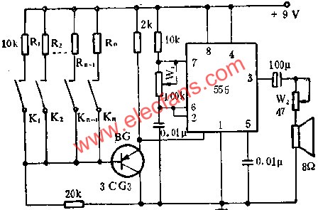 時(shí)基集成電路組成簡(jiǎn)易電子琴線路圖 www.nxhydt.com