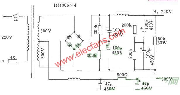 晶體二極管橋式于電子管功放整流電路圖  www.nxhydt.com