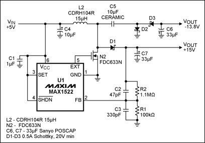 Figure 1. This single-inductor, 200mA power supply derives +15V/-14V from +5V. www.nxhydt.com