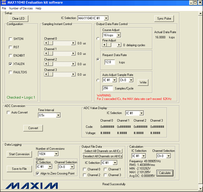 圖4. MAX11040EVKIT GUI允許用戶方便地設置各種測量條件：12.8ksps、256采樣點/周期和1024次轉換。此外，GUI的計算部分提供了一個進行快速工程運算的便捷工具。