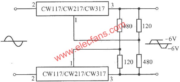 CW117/CW217/CW317構(gòu)成的交流峰值削波電路圖  www.nxhydt.com