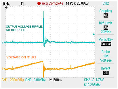 Figure 8. Output voltage (AC coupled) and sense-resistor voltage.