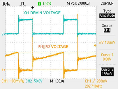 Figure 6. Switching MOSFET voltage and current-sense resistor voltage.