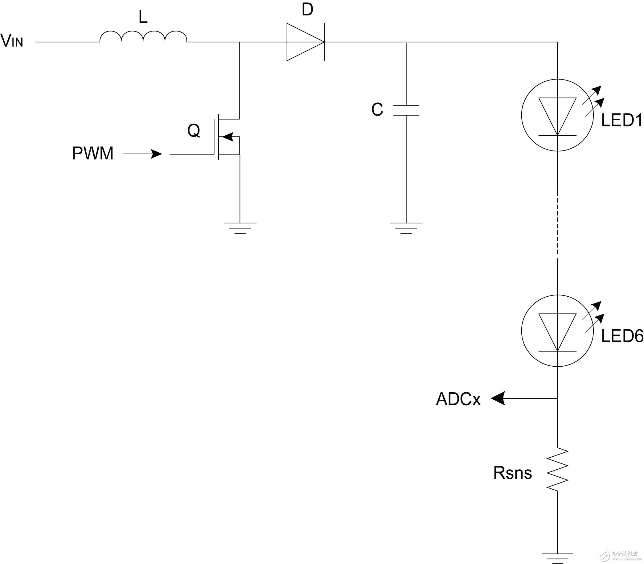 圖6：配置為驅動LED或LED串的升壓拓撲