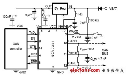 圖2：采用NCV7341的5V CAN控制器應用電路圖。（電子系統設計）