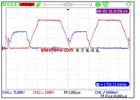 Vgs，Vds測(cè)量波形（SHS1000系列隔離示波表測(cè)量）。(電子系統(tǒng)設(shè)計(jì))