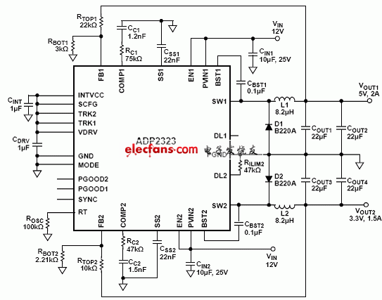 ADP2323采用外接二極管的應用電路圖