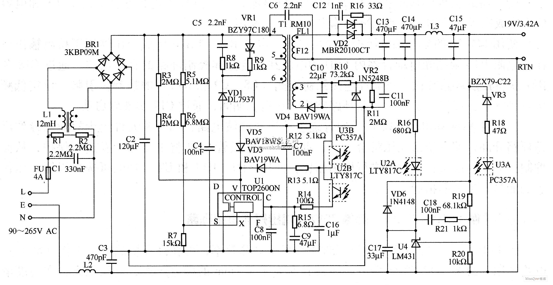 65W/19V 輸出開關(guān)電源電路圖