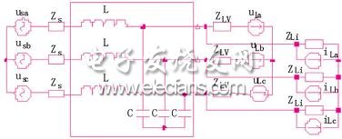 單級lc濾波器-三相不控整流橋-電解電容-負載系統諧波等效電路