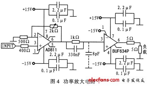 AD811和BUF634構(gòu)成的功率放大電路