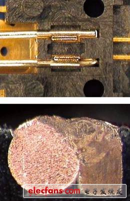 圖8、0.016× 0.09英寸鍍金銅端子和0.016英寸直徑鍍銀銅導(dǎo)線之間的微小縫隙焊接。