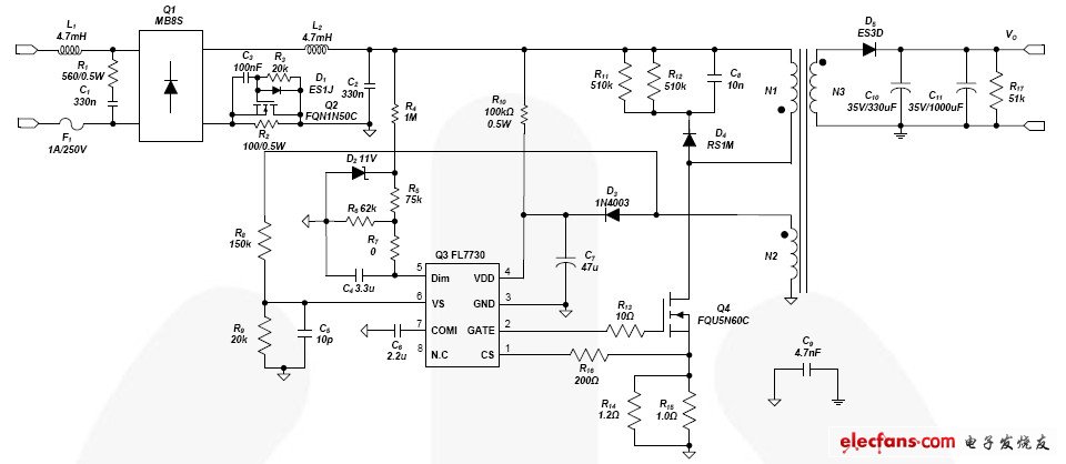 采用FL7730的TRIAC調光LED驅動器原理圖