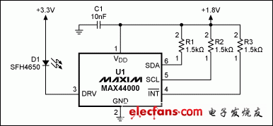 圖1. MAX44000典型電路，包括LED。