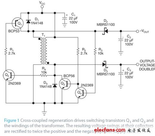 圖1 交叉耦合地可再生驅動開關晶體管Q1和Q3以及變壓器繞組。在各自集電極獲得的電壓擺幅經整流后，就得到了兩倍的正電壓，以及負的電源軌。