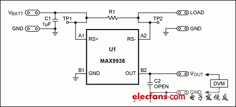 圖4. MAX9938EV標準分流器為50mΩ、4端電阻(R1)。利用6個100mΩ電阻并聯R1，得到12.5mΩ檢流電阻。
