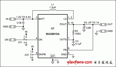 圖2. MAX8815AEVKIT提供所需的5V輸出，無需更改電路