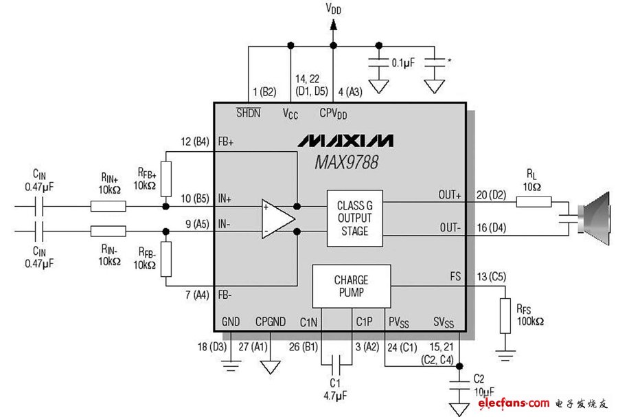 采用MAX9788的典型陶瓷揚聲器應用電路