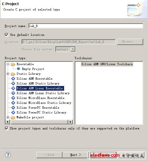 選擇工程類型為“Xilinx ARM Linux Executable”，工具鏈為“Xilinx ARM GNU/Linux Toolchain”