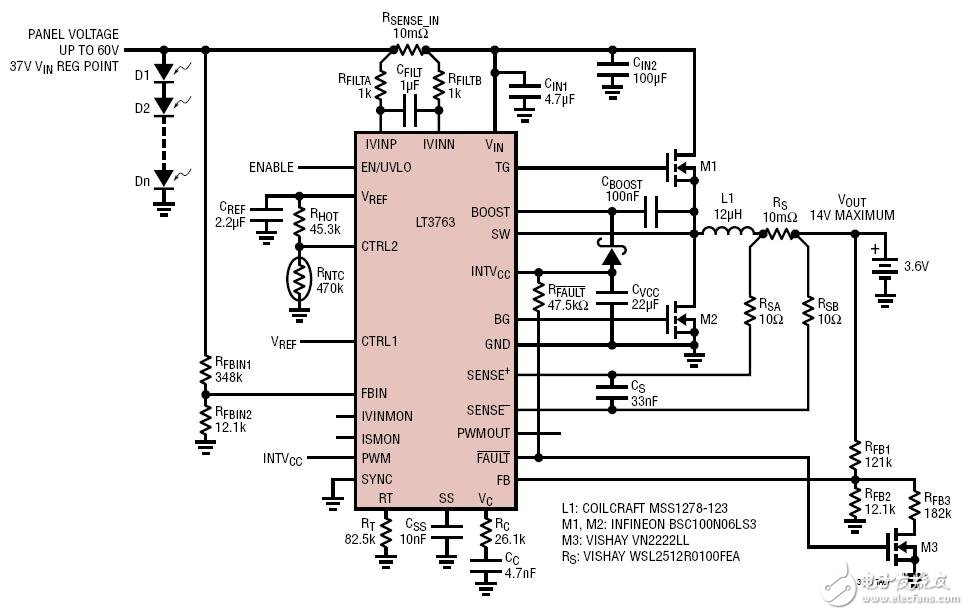 70W, Solar Energy Harvester with Maximum Power Point Regulation具最大功率點調節功能的70W太陽能收集器電路圖