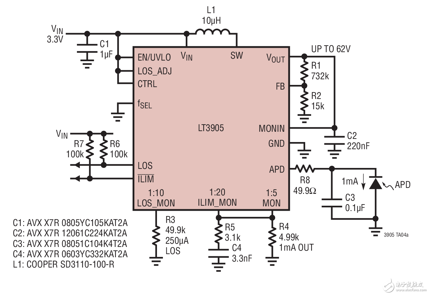 Wide Output Range Constant Current APD Driver寬輸出電壓恒定電流APD驅(qū)動(dòng)器電路圖