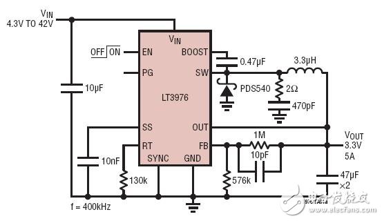 4.3V to 42Vin 3.3V@5A Step-Down Converter4.3V~42VIN至3.3V/5A輸出的降壓型轉換器電路圖