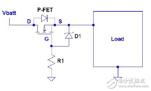 圖1：用P-FET實現電池反極性保護。