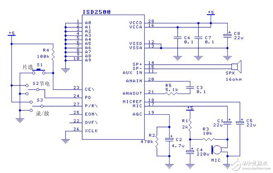 AT89C2051控制語(yǔ)音芯片錄放音系統(tǒng)電路 —電路圖天天讀（108）