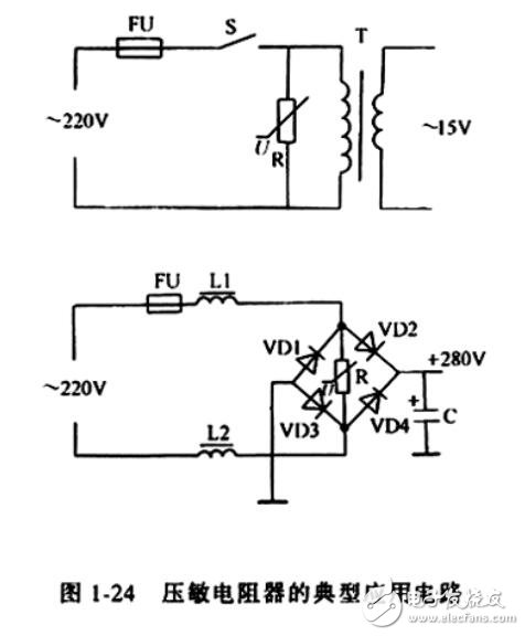 壓敏電阻器的典型應用電路。