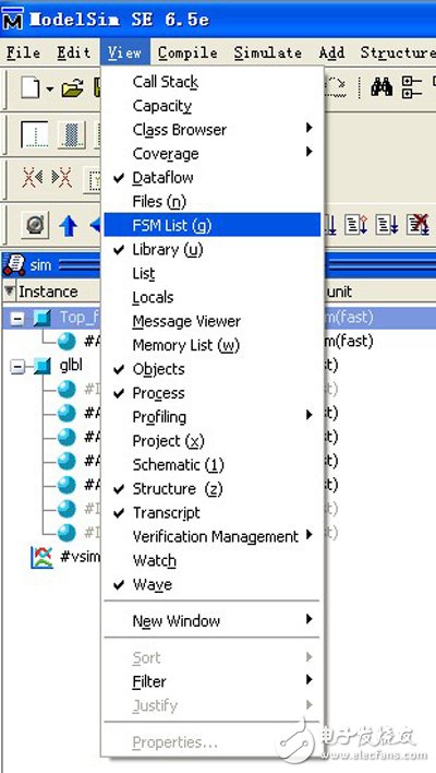 在ModelSim中執行View---FSM list命令